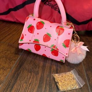 Willow & Ruby Pink Strawberry Mini Handbag Purse or Crossbody with Key Charm
